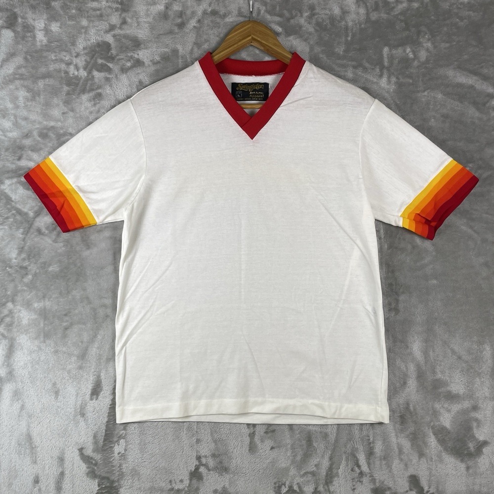 Vintage 70s Ringer Tshirt Mens FITS S/M White Red Hippie 1970s Disco Baby Tee